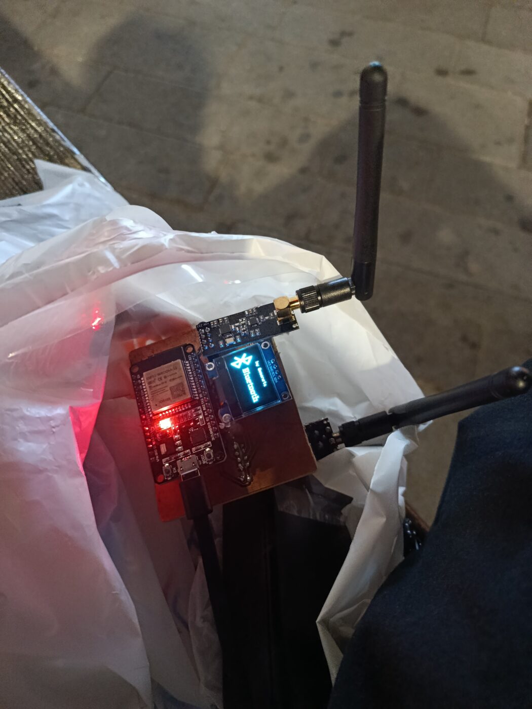 The board running: OLED showing the active mode
